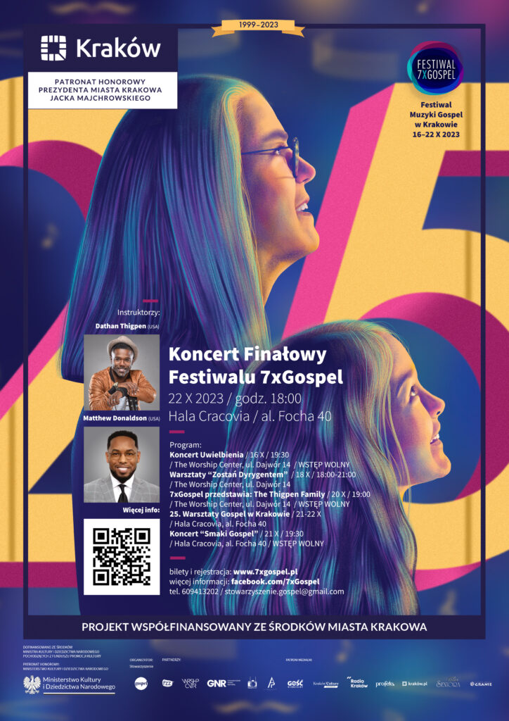 Plakat reklamujący Festiwal 7xGospel 2023. Przedstawia ilustrację 2 osób profilem - Lea Kjeldsen i dziewczynka - które patrzą w stronę światła, za nimi widać liczbę 25 oznaczającą liczbę zorganizowanych warsztatów gospel w Krakowie (od 1999 do 2023).