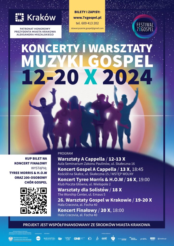 Plakat reklamujący Festiwal 7xGospel 2024. Przedstawia ilustrację sylwetek kilku osób tańczących na tle świetlistego okręgu, w tle przestrzeń z nocnym niebem.